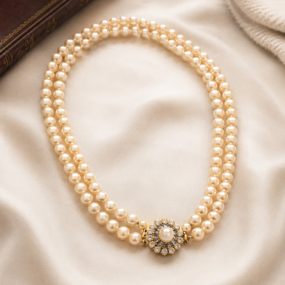 Vintage Double Strand Faux Pearl Necklace Knotted Rhinestone Clasp Old Money 22”